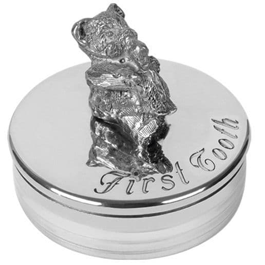 Pewter Teddy First Tooth Trinket Box Christening Gift