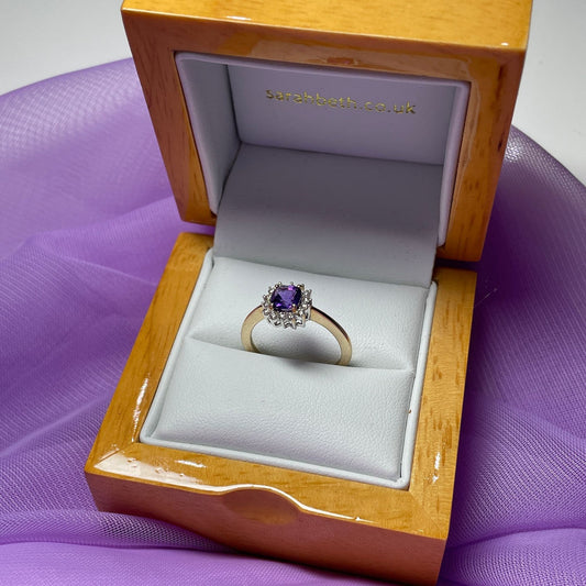 Purple amethyst and diamond cluster dress ring yellow gold