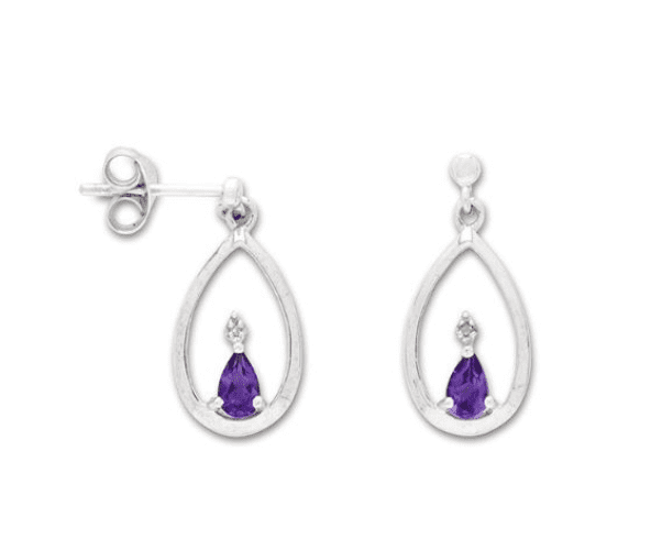Purple amethyst and diamond sterling silver pear shaped drop earrings