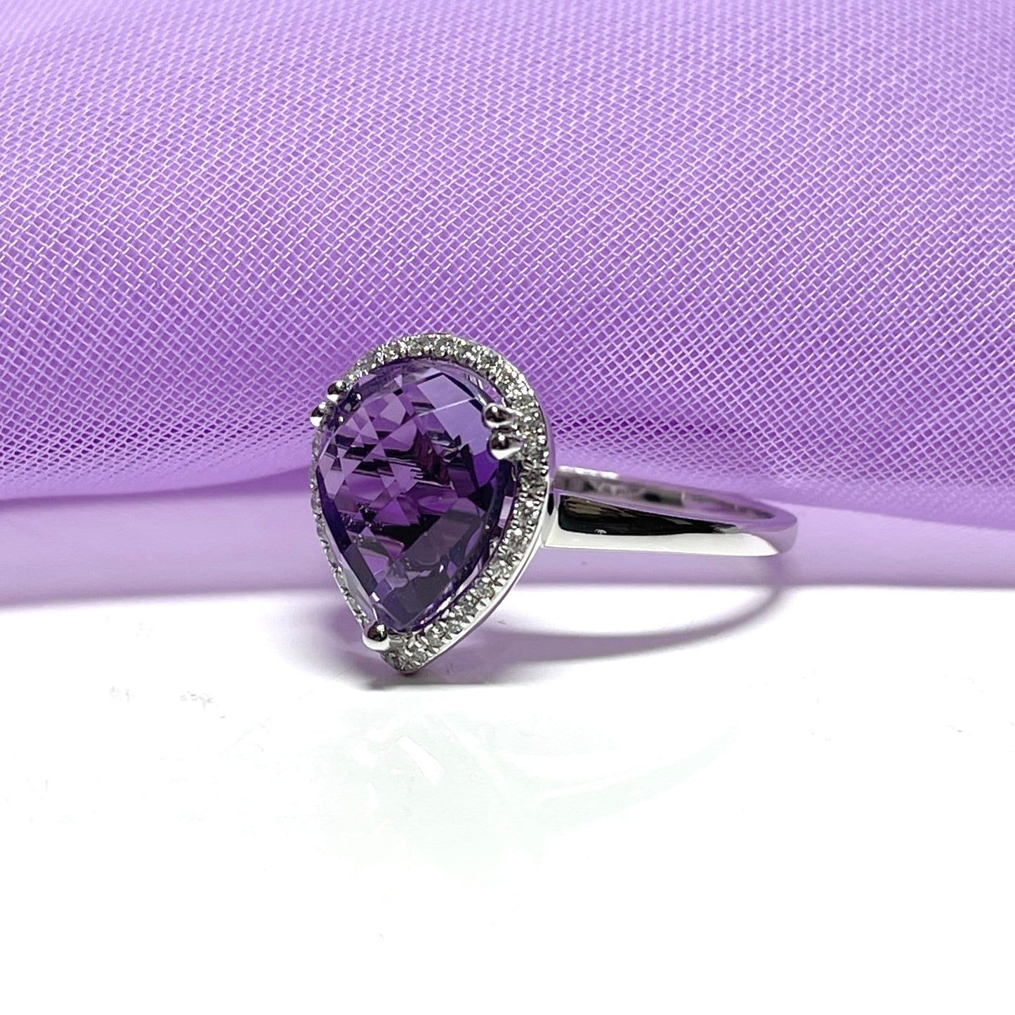 Purple pear teardrop amethyst and diamond white gold cluster ring
