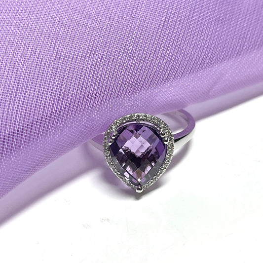 Purple pear teardrop amethyst and diamond white gold cluster ring
