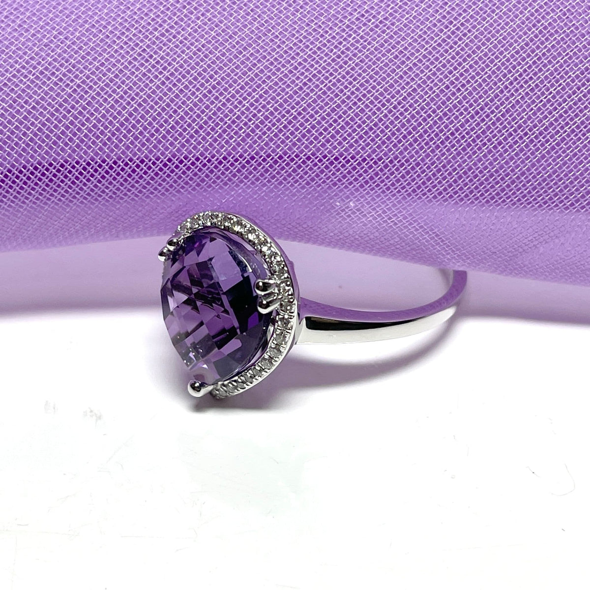 Purple pear teardrop amethyst and diamond white gold cluster ring