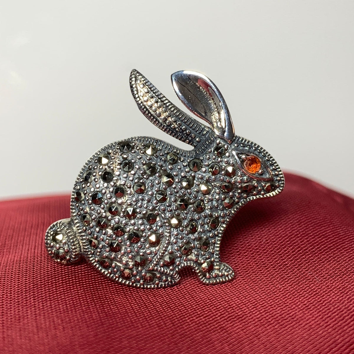 Rabbit brooch marcasite and garnet sterling silver