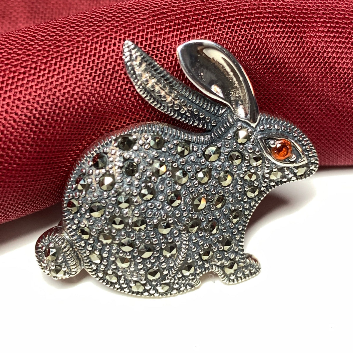 Rabbit brooch marcasite and garnet sterling silver