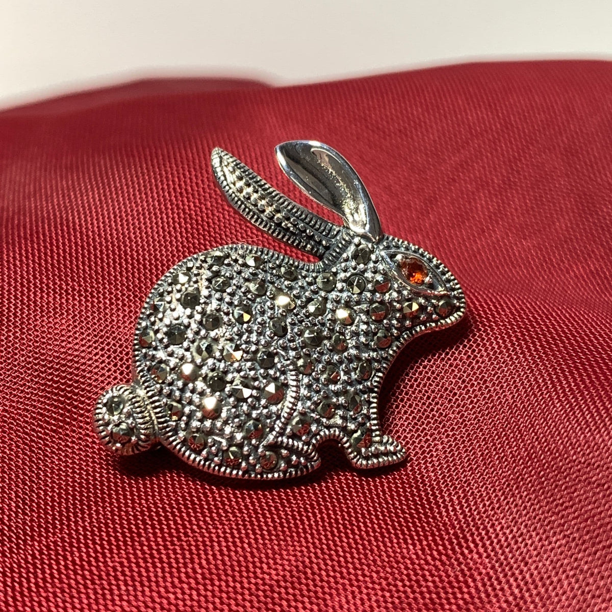 Rabbit brooch marcasite and garnet sterling silver