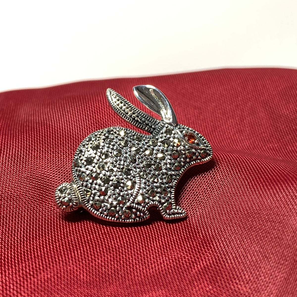 Rabbit brooch marcasite and garnet sterling silver