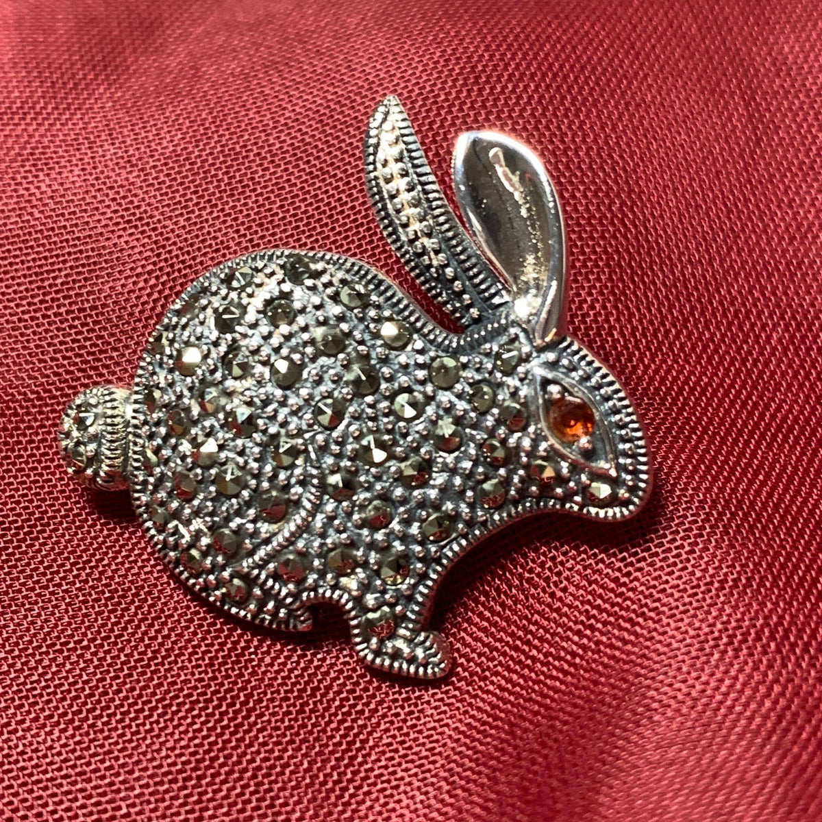 Rabbit brooch marcasite and garnet sterling silver