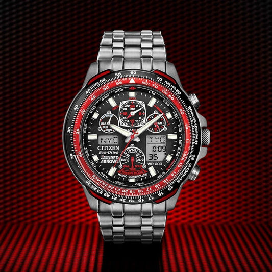 Red Arrows Skyhawk A.T Super Titanium Red Bezel Bracelet Eco-Drive Men's Citizen Watch JY8110-51E