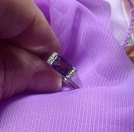 Rectangle amethyst and diamond sterling silver fancy dress cocktail ring