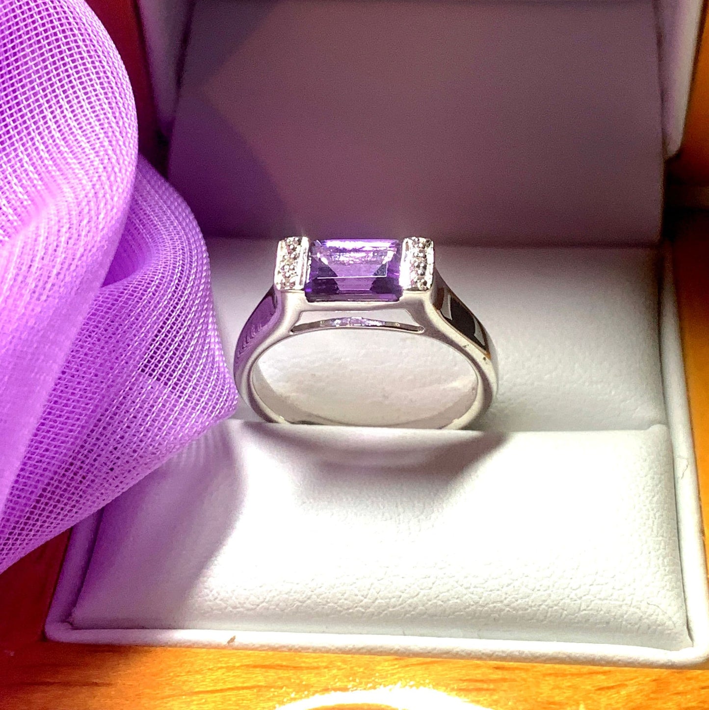 Rectangle amethyst and diamond sterling silver fancy dress cocktail ring