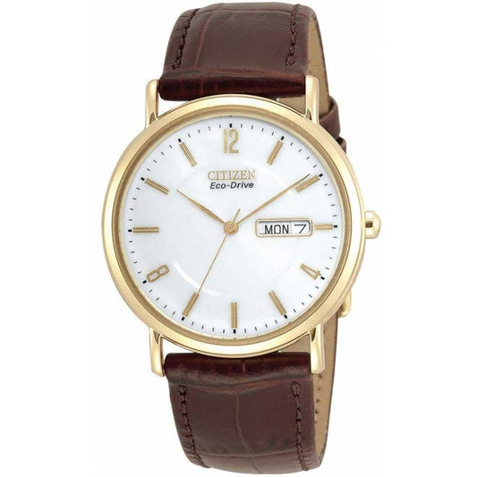 Round Men's Citizen Gold Plated Brown Strap Watch Eco-Drive BM8242-08A