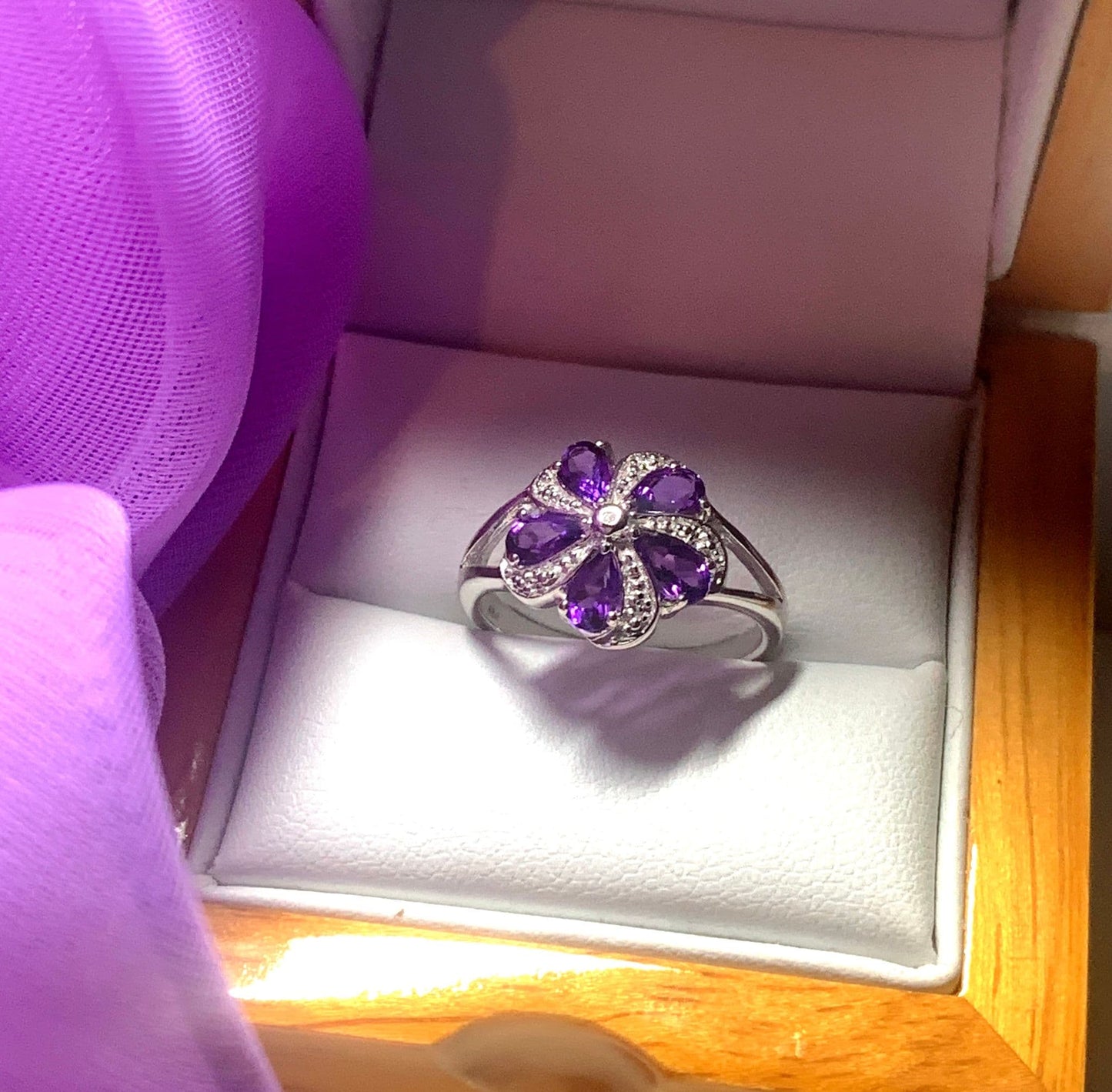 Round purple amethyst and diamond sterling silver fancy dress cocktail ring