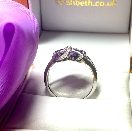 Round purple amethyst and diamond sterling silver fancy dress cocktail ring