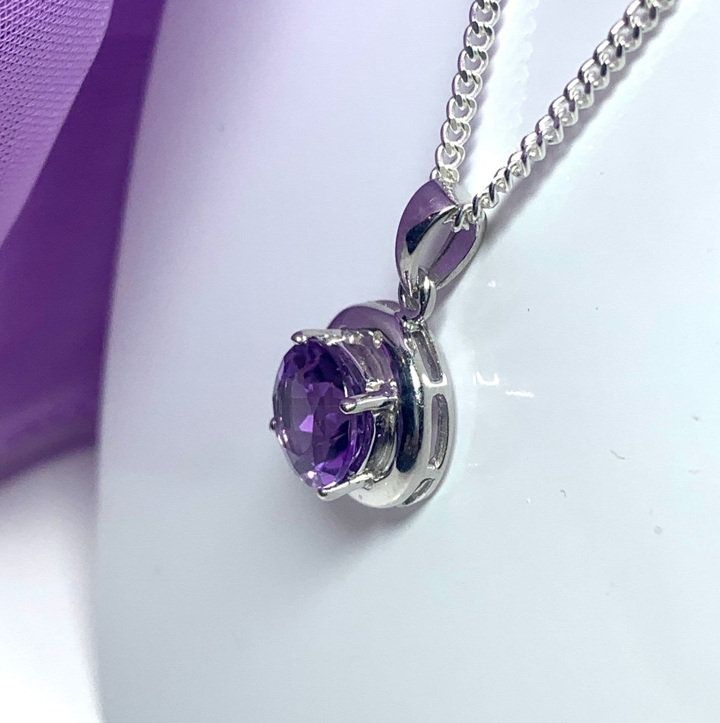 Round purple amethyst and diamond sterling silver necklace