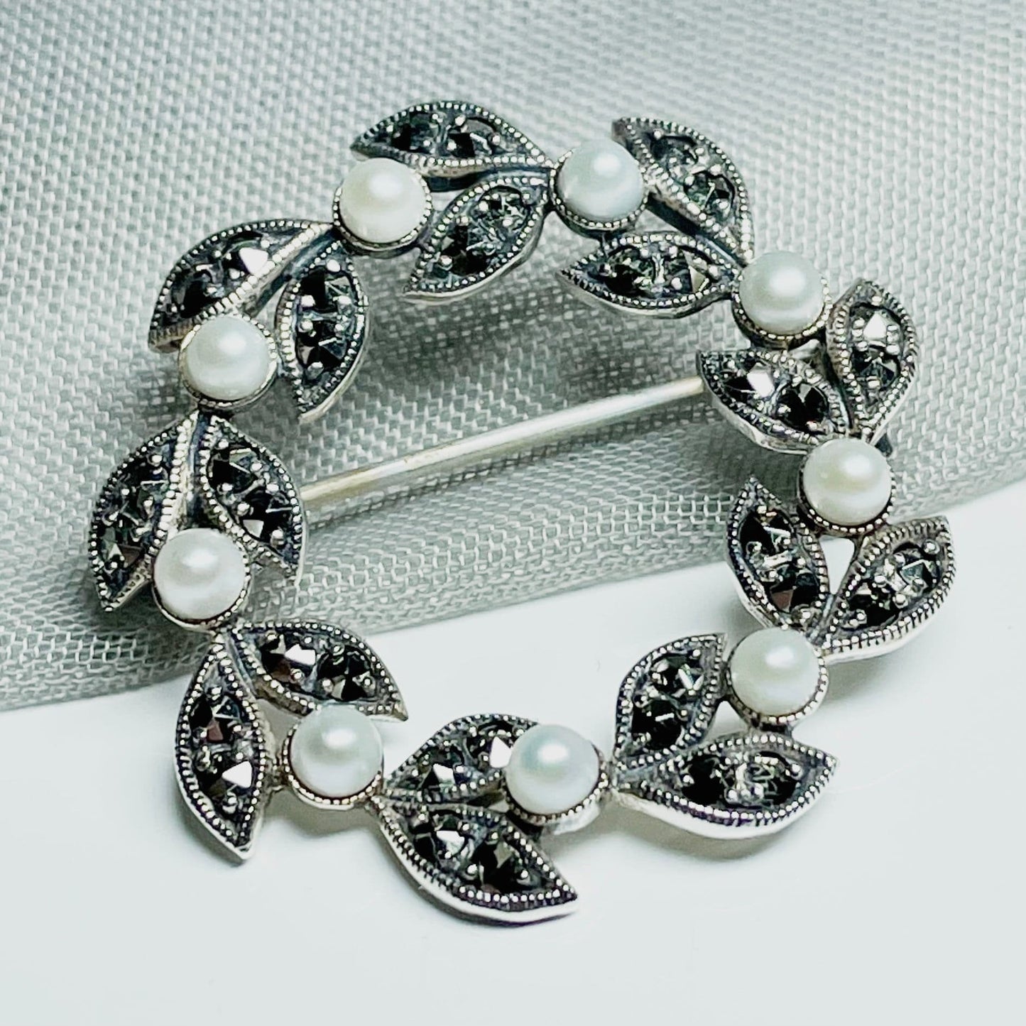 Sterling Silver Pearl And Marcasite Brooch
