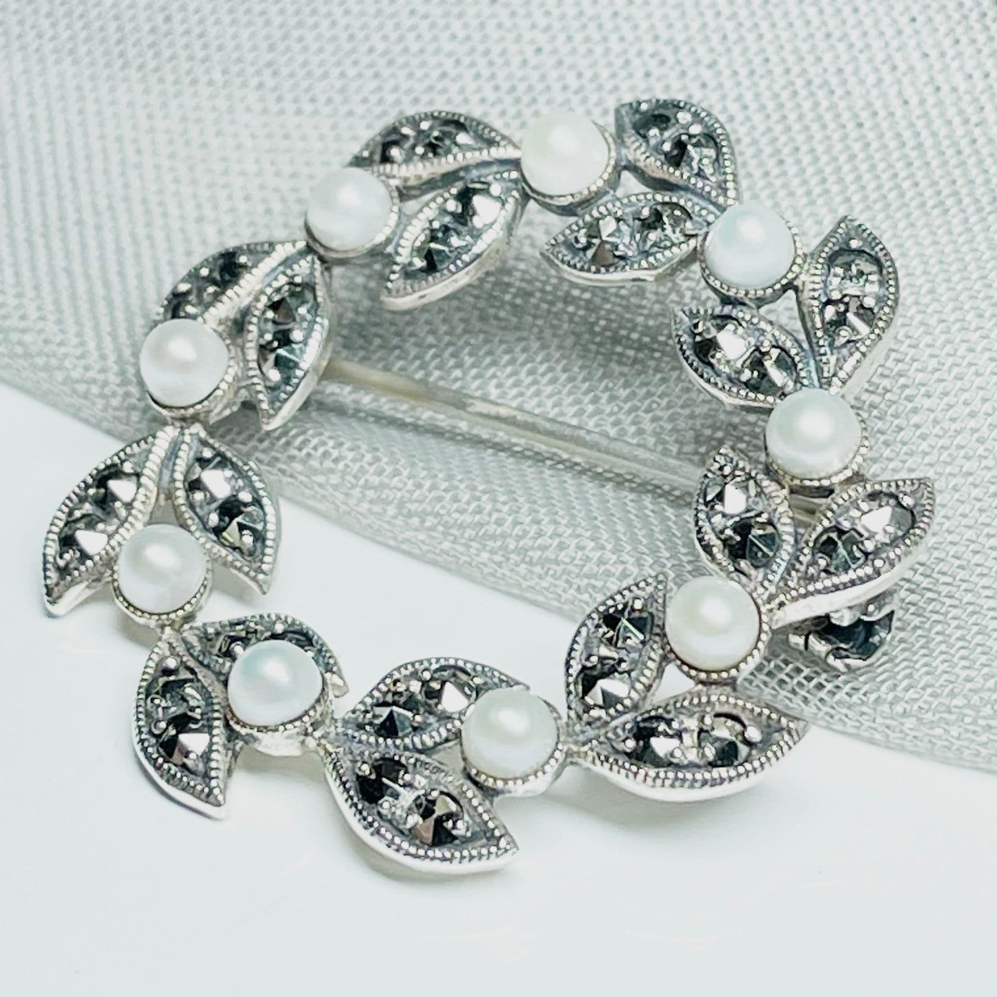 Sterling Silver Pearl And Marcasite Brooch