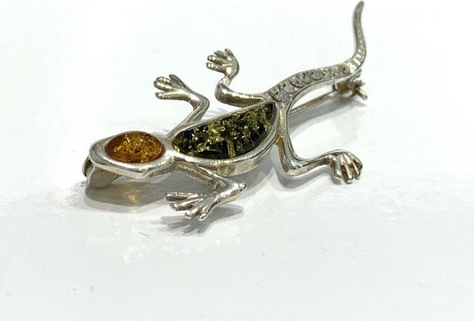 Sterling Silver Gecko Multi Coloured Amber Brooch