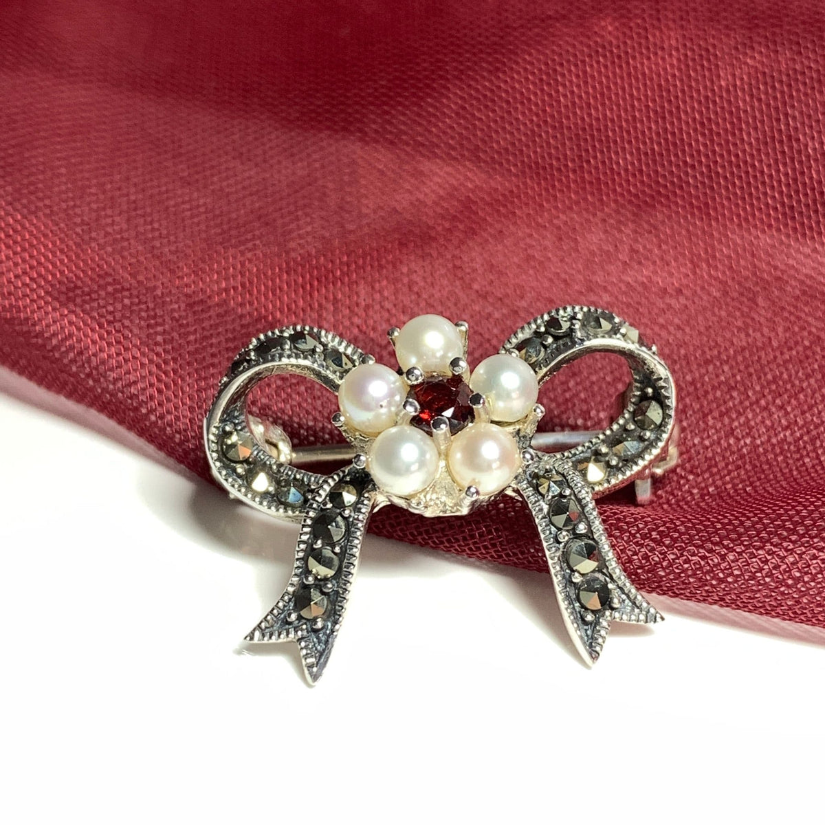 Sterling Silver Real Pearl, Real Garnet And Real Marcasite Bow Brooch