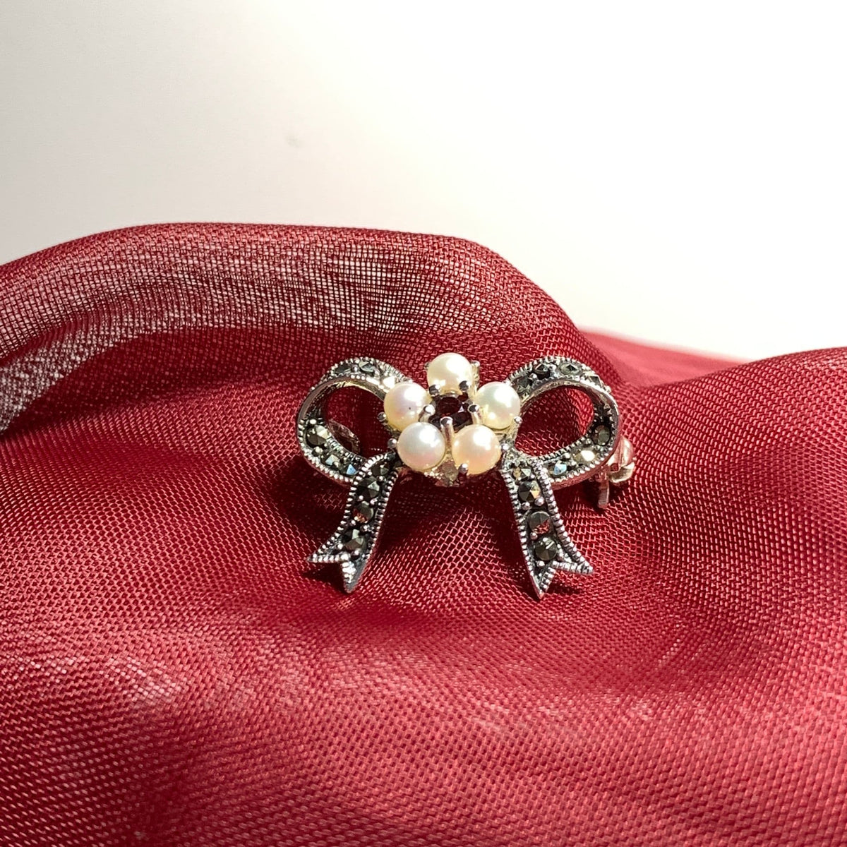 Sterling Silver Real Pearl, Real Garnet And Real Marcasite Bow Brooch