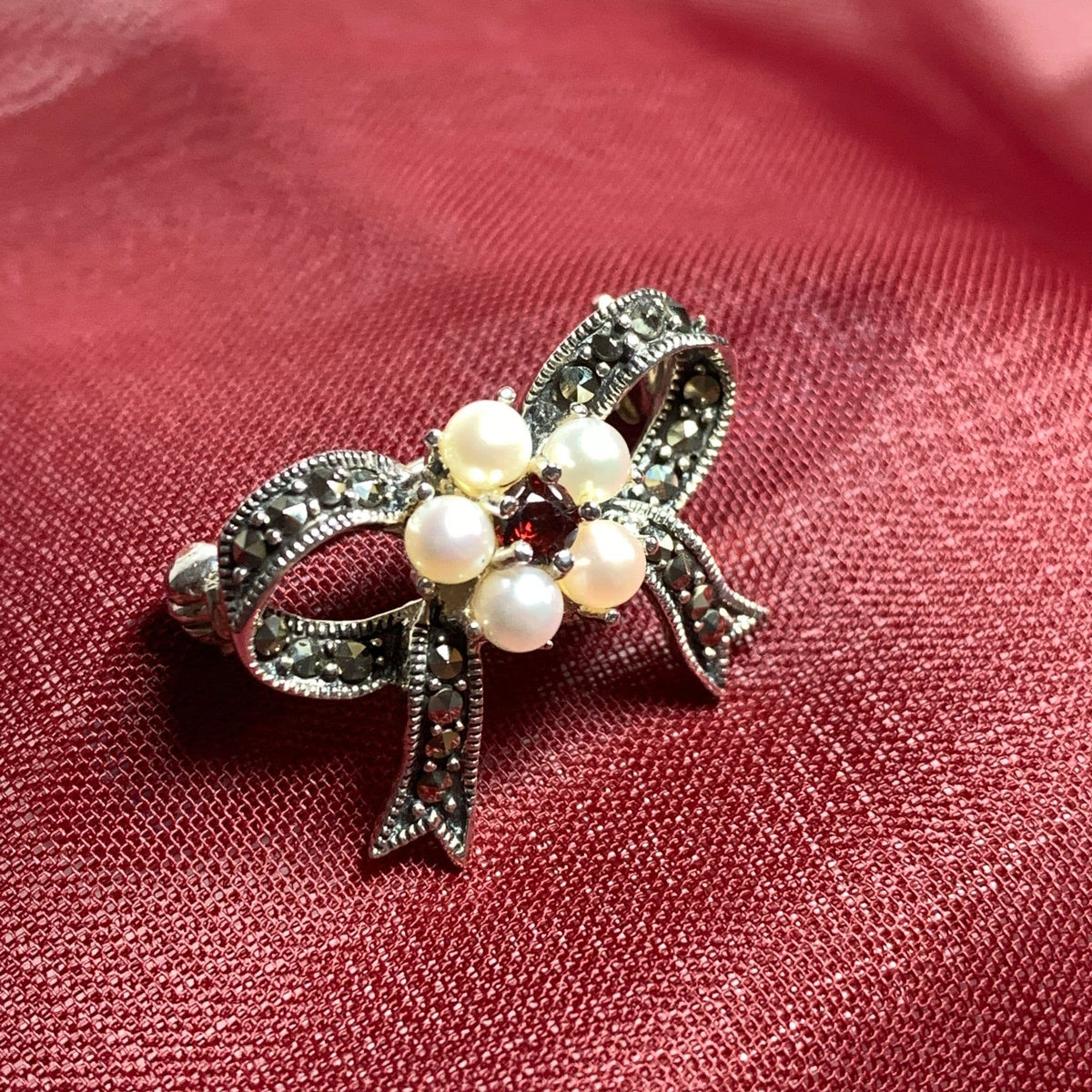 Sterling Silver Real Pearl, Real Garnet And Real Marcasite Bow Brooch