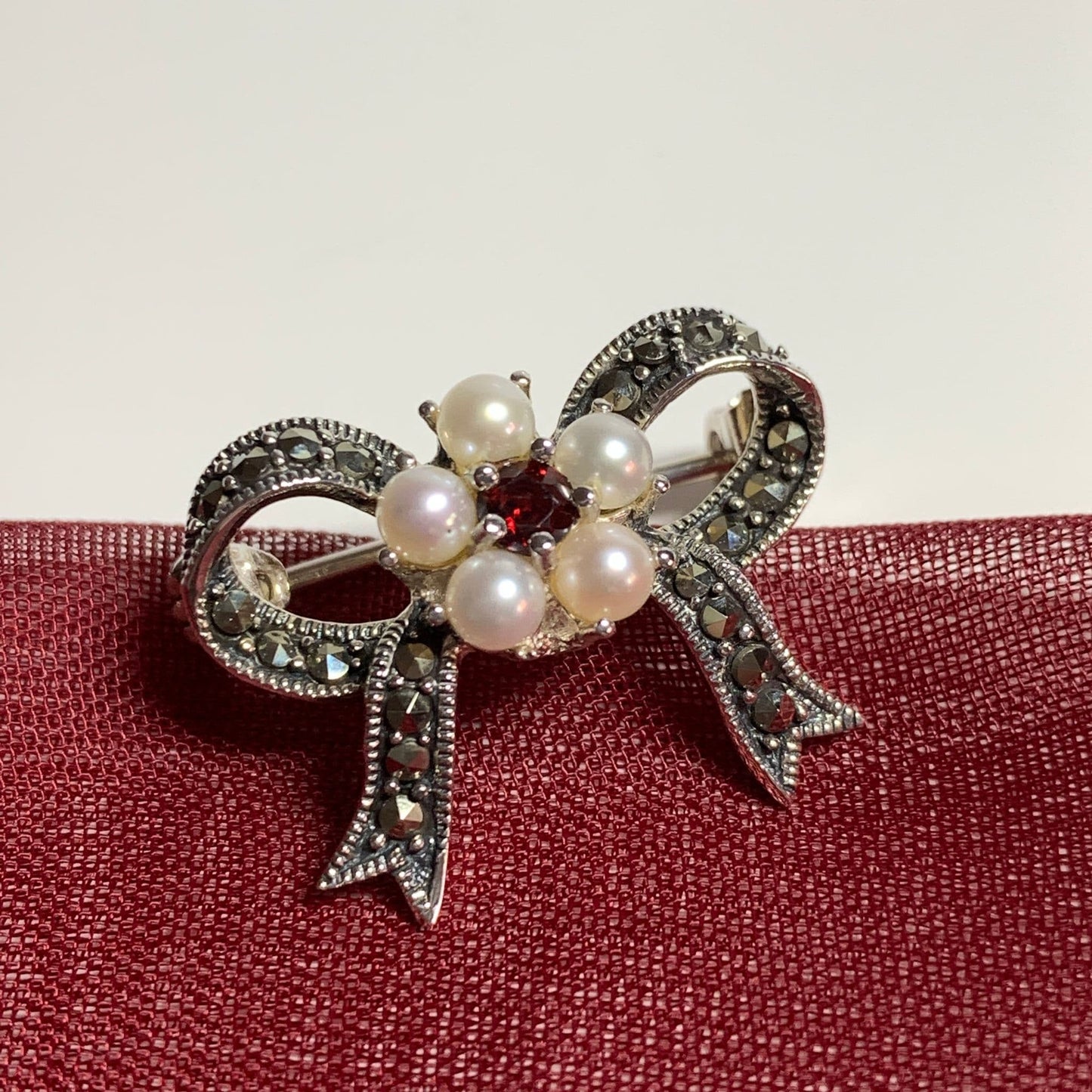 Sterling Silver Real Pearl, Real Garnet And Real Marcasite Bow Brooch