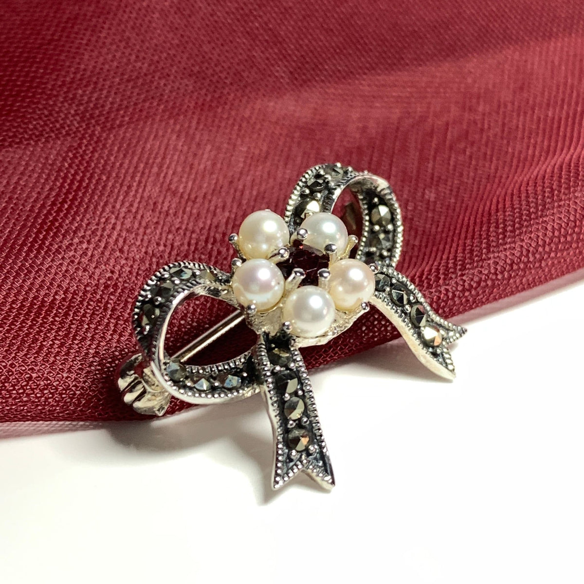 Sterling Silver Real Pearl, Real Garnet And Real Marcasite Bow Brooch