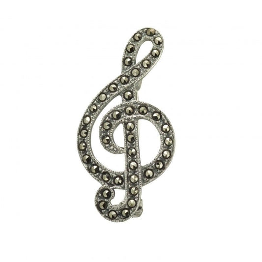 Treble Clef Marcasite Musical Note Sterling Silver Brooch