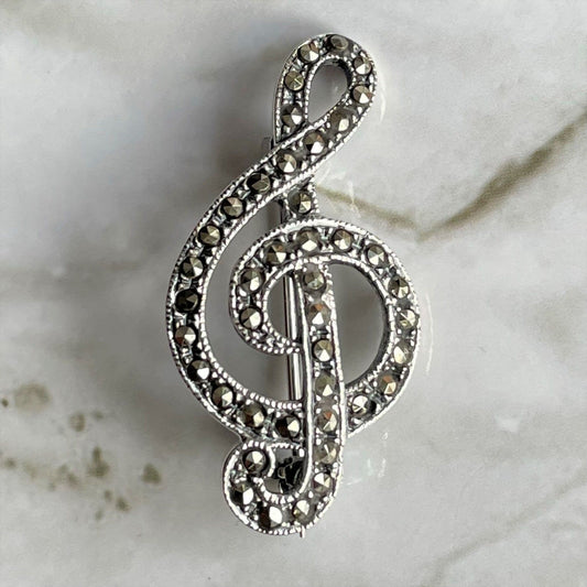 Treble Clef Marcasite Musical Note Sterling Silver Brooch
