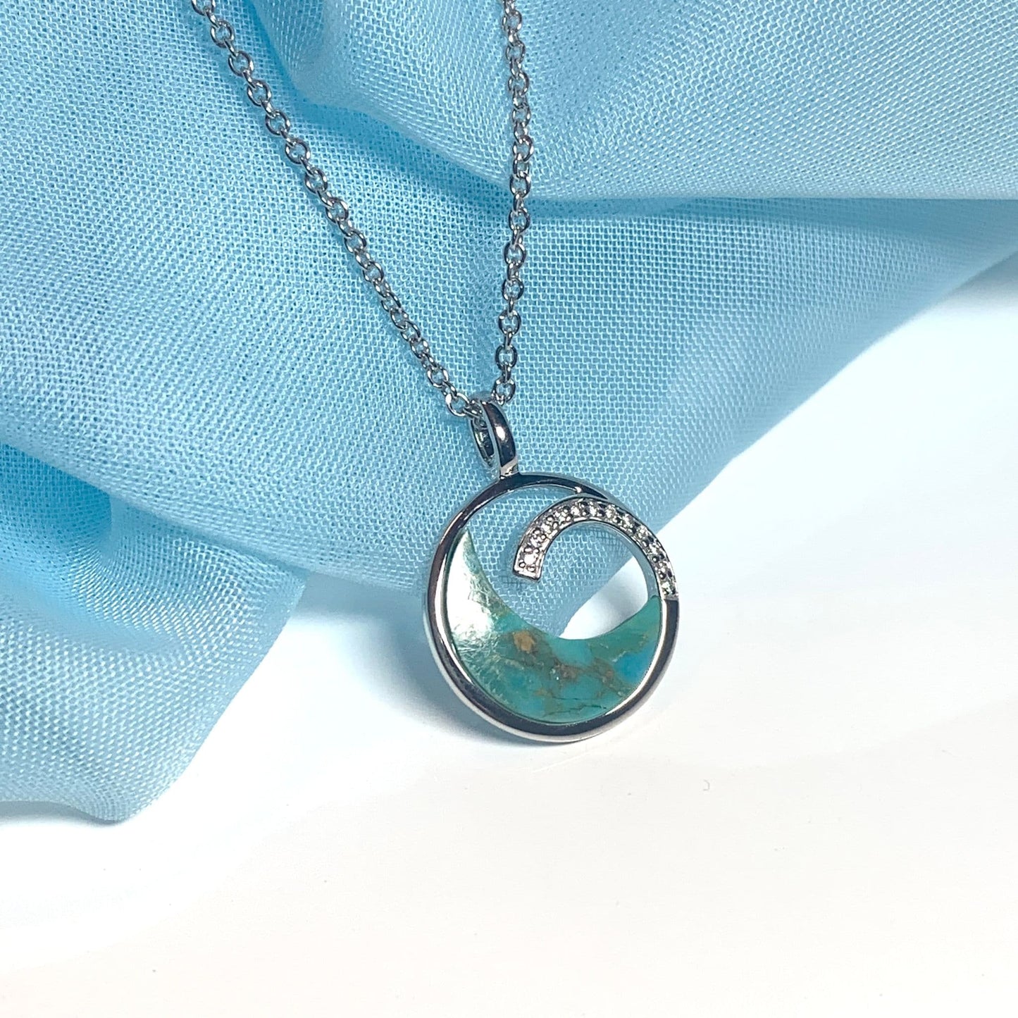 Turquoise blue green round open necklace sterling silver