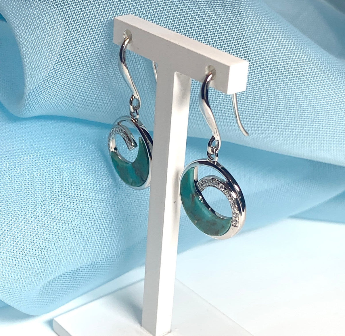 Turquoise blue green round open sterling silver drop earrings