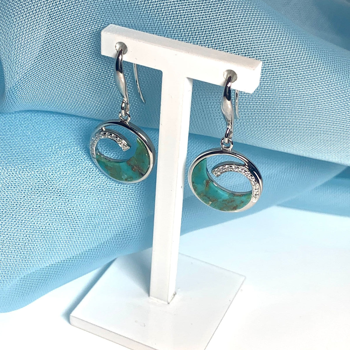 Turquoise blue green round open sterling silver drop earrings