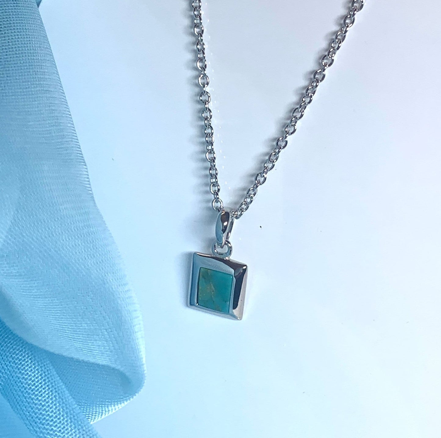 Turquoise blue green square necklace sterling silver