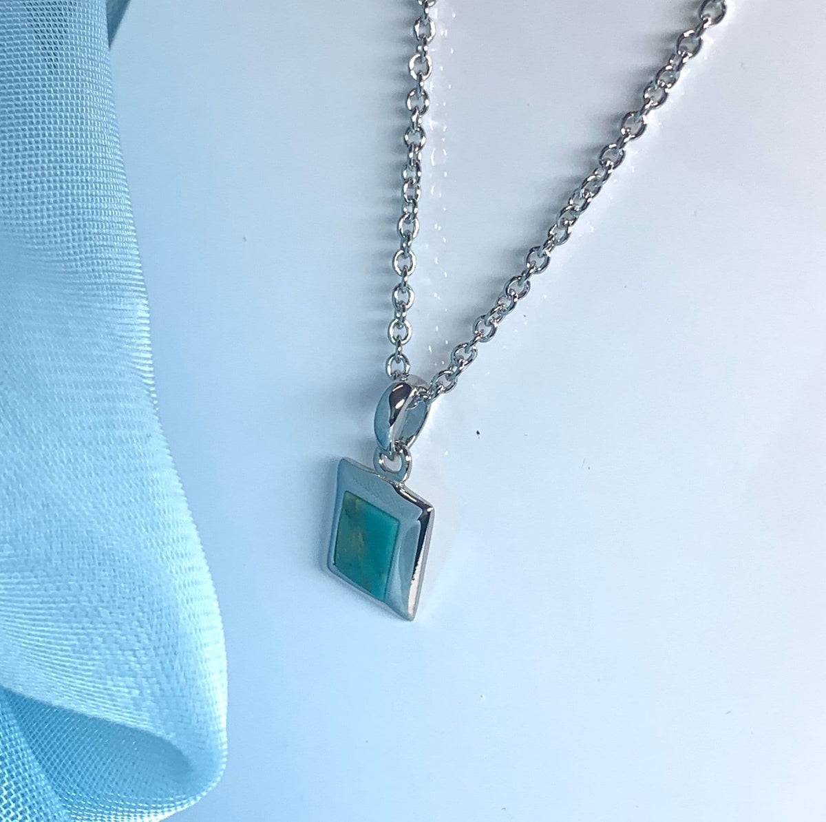 Turquoise blue green square necklace sterling silver