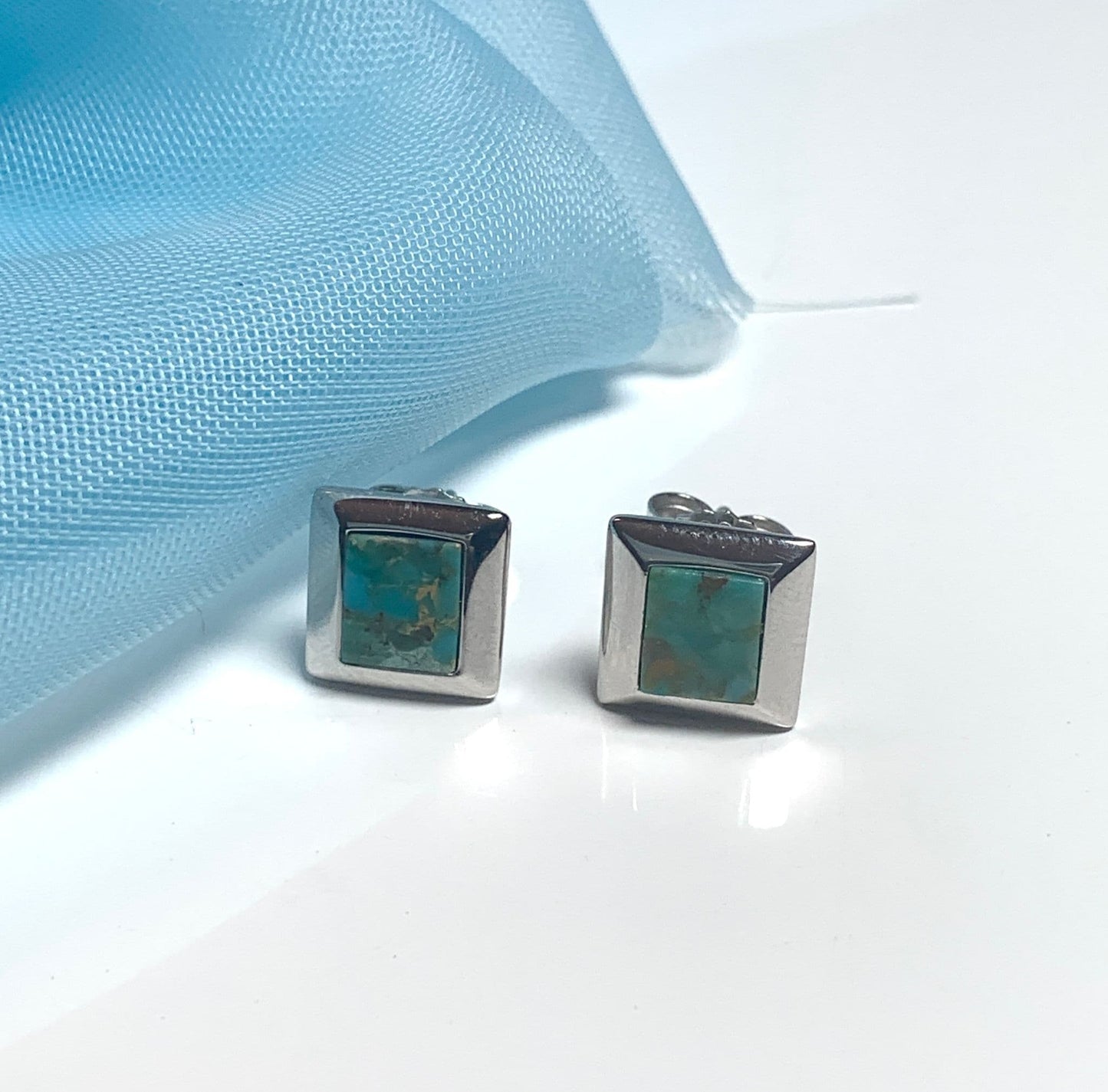 Turquoise blue green square sterling silver stud earrings