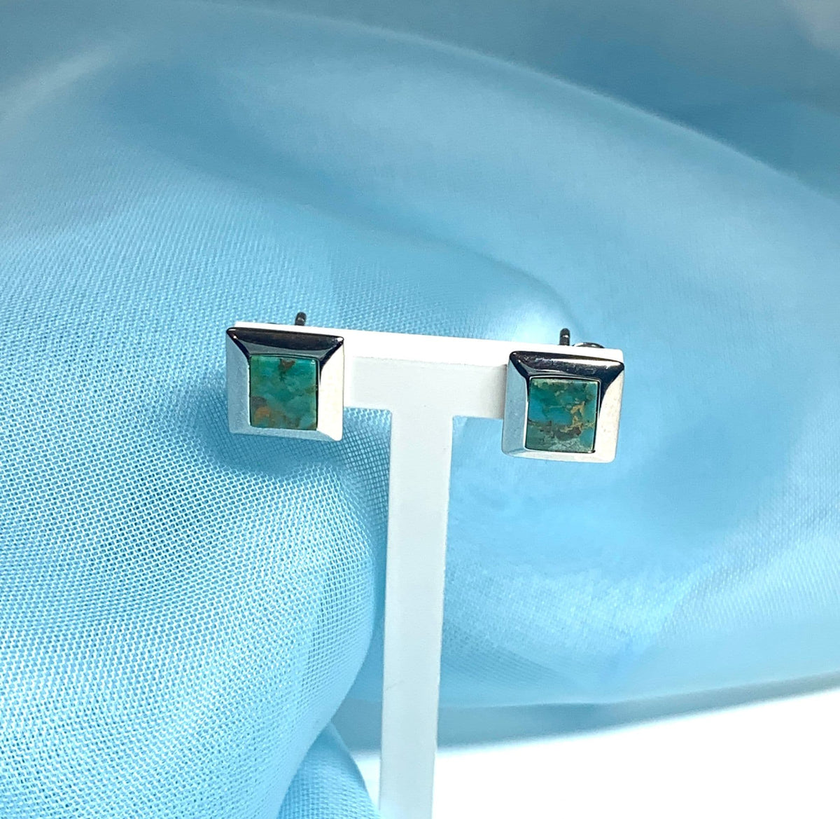 Turquoise blue green square sterling silver stud earrings