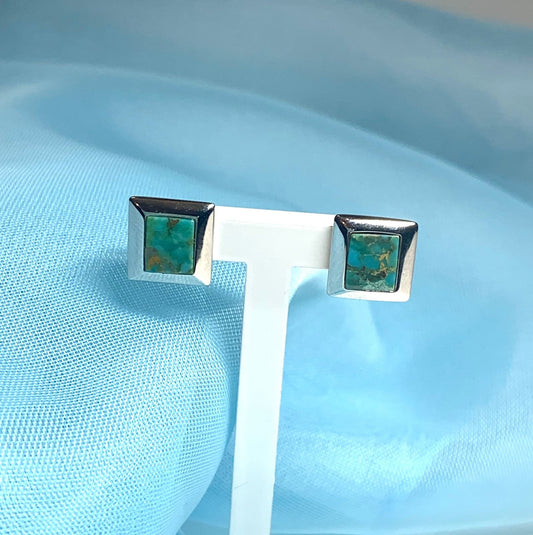 Turquoise blue green square sterling silver stud earrings