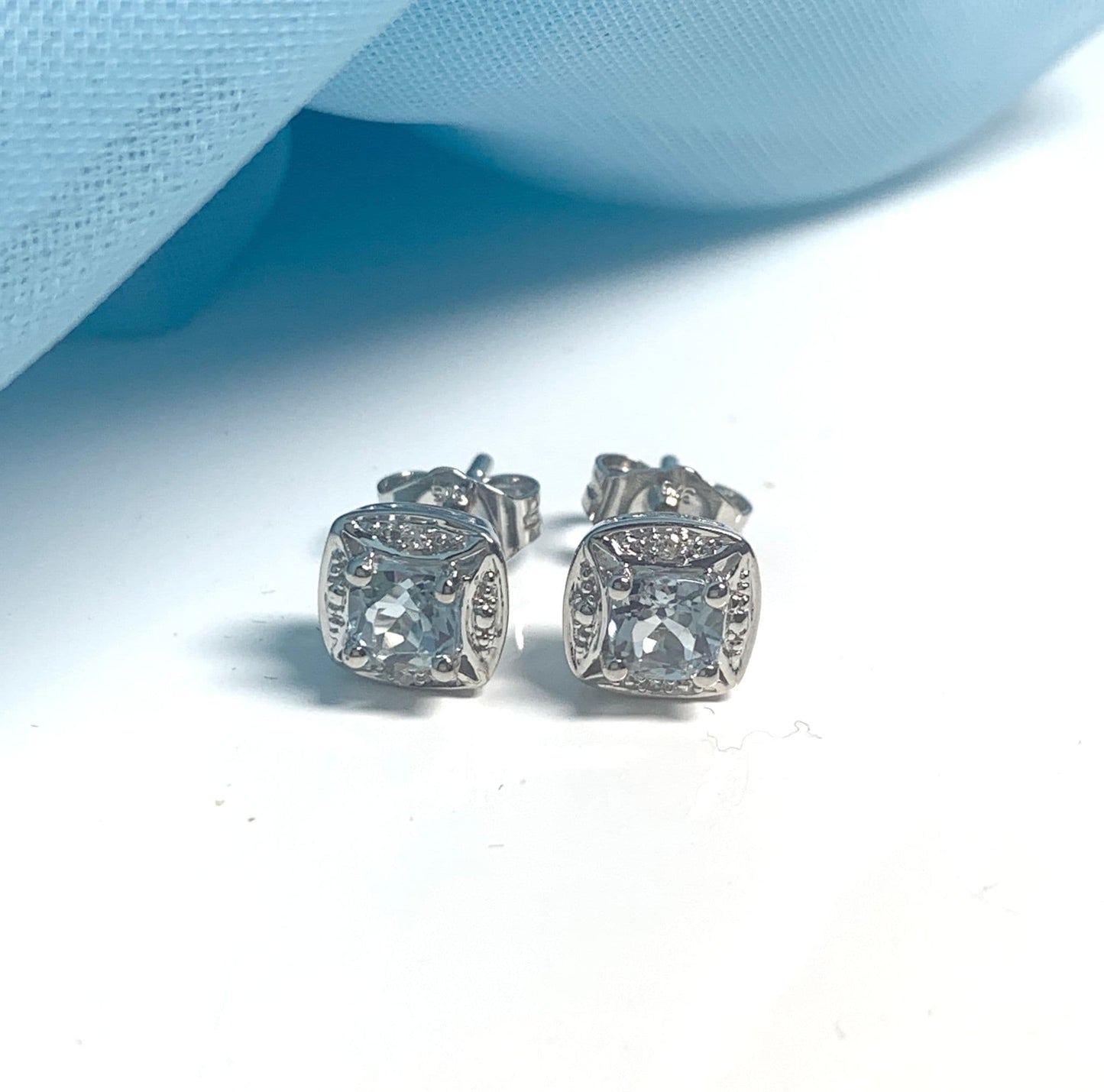 White Gold Aquamarine And Diamond White Gold Cluster Earrings