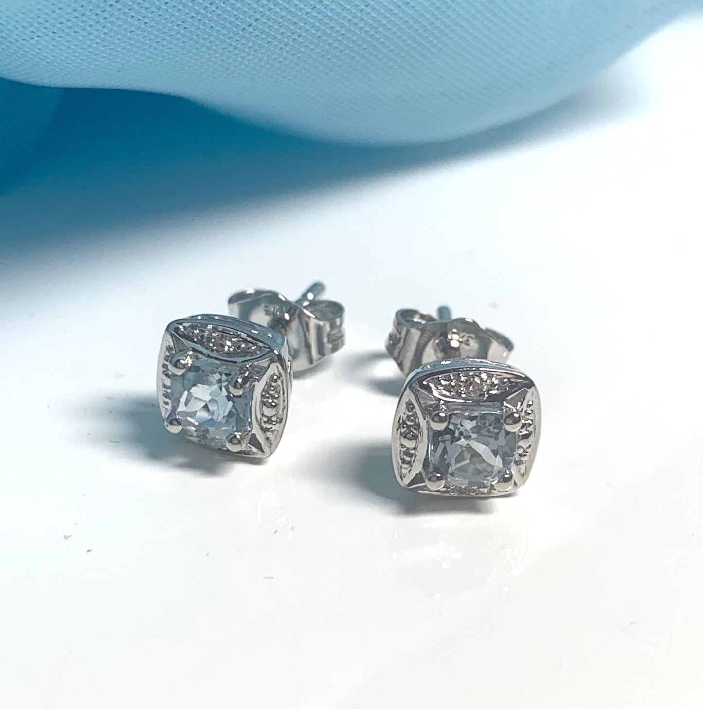 White Gold Aquamarine And Diamond White Gold Cluster Earrings