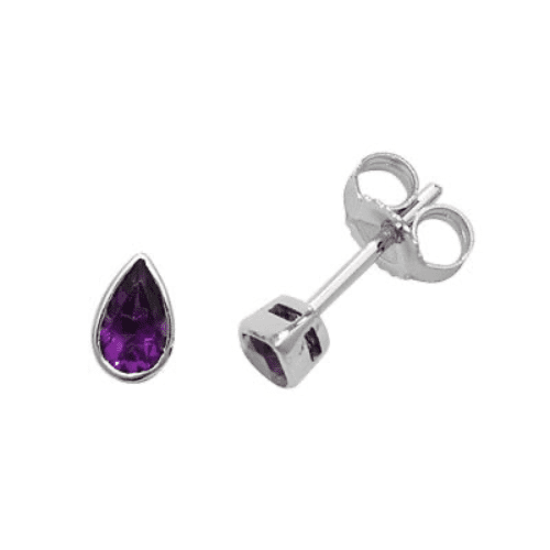 White gold purple amethyst pear stud earrings