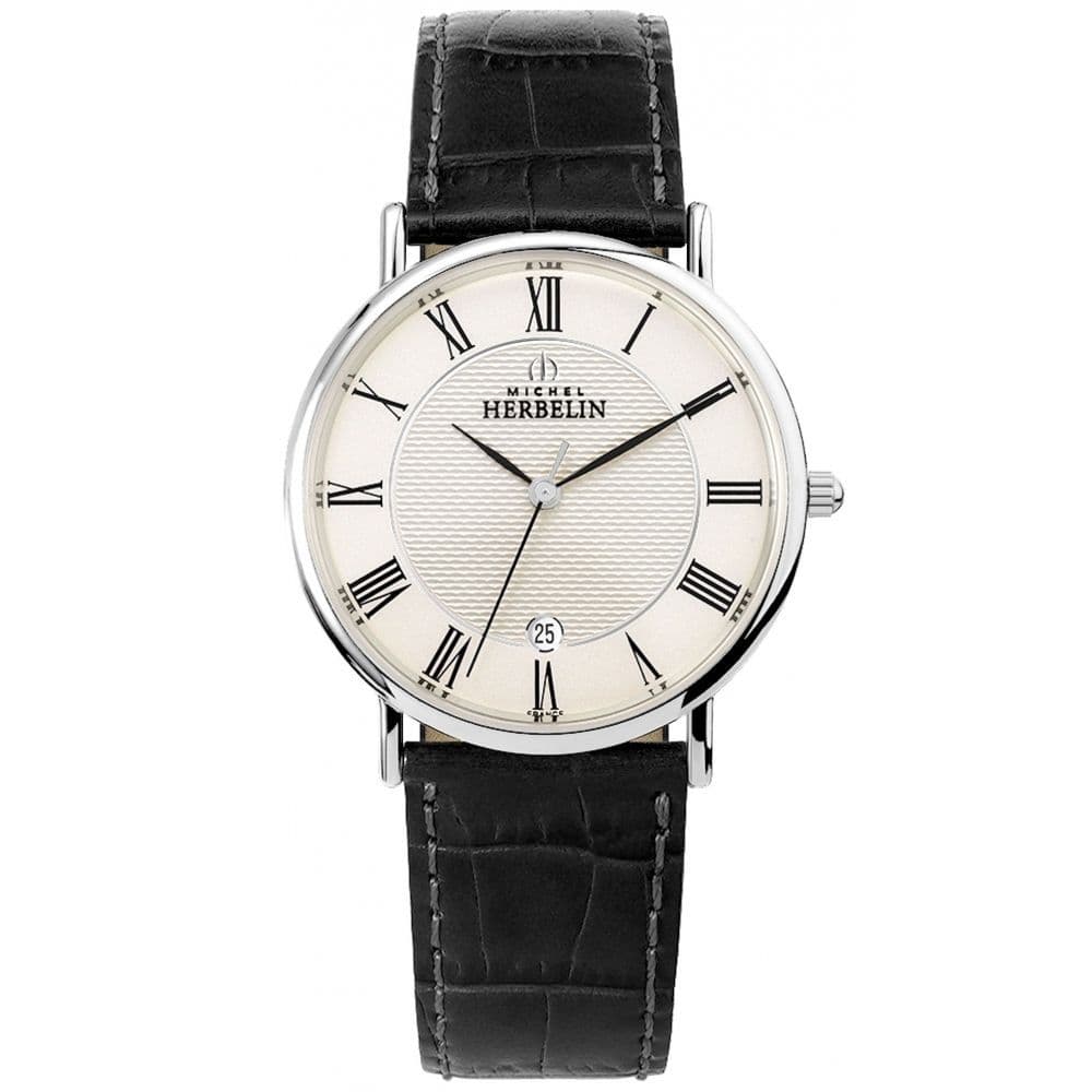 12248/08 Michel Herbelin Watch Mens Stainless Steel Round Black Strap Clear Dial Roman Numerals Date
