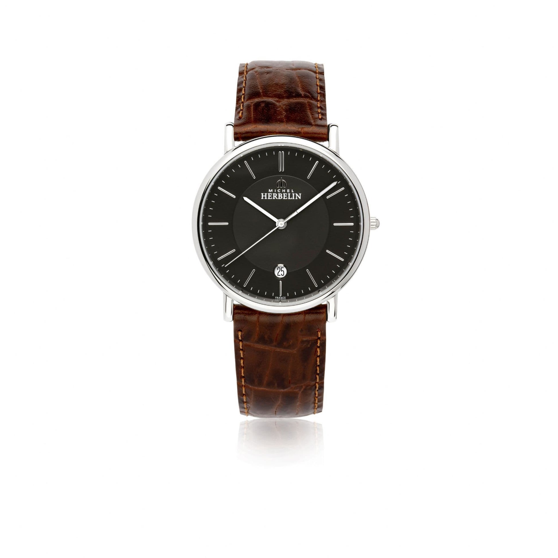 12248/14 Michel Herbelin Watch Brown Dial Mens Stainless Steel Round Brown Strap Clear Dial Date