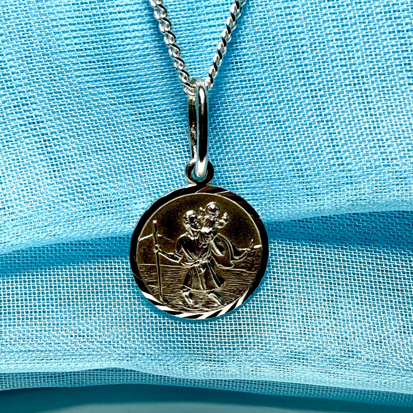 14 mm Sterling silver large round St. Christopher including chain
