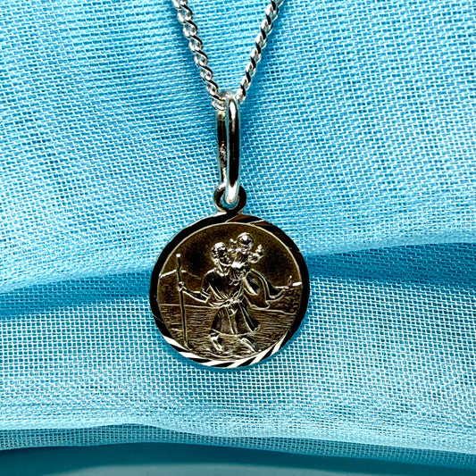 14 mm Sterling silver large round St. Christopher including chain