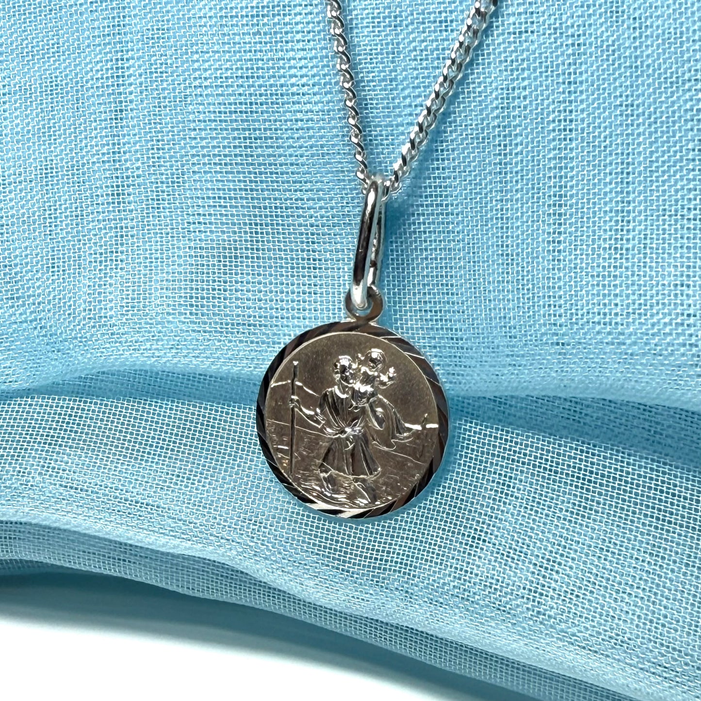 14 mm Sterling silver large round St. Christopher including chain