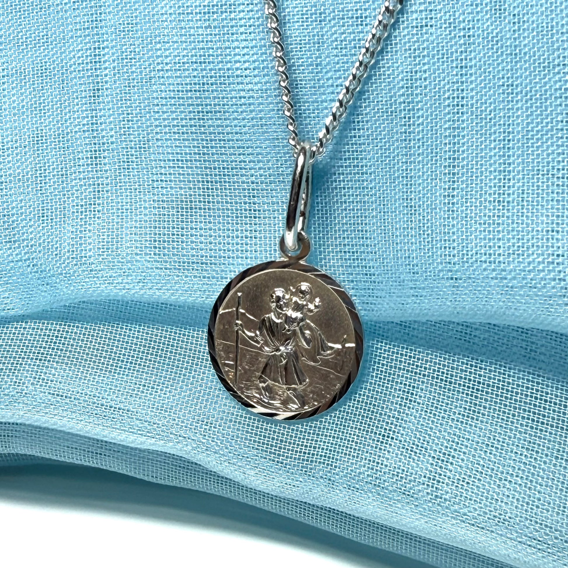 14 mm Sterling silver large round St. Christopher including chain