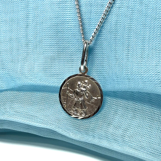 14 mm Sterling silver large round St. Christopher including chain