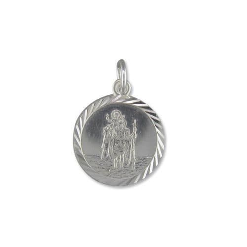 15mm Small Patterned Edge Round Sterling Silver St. Christopher