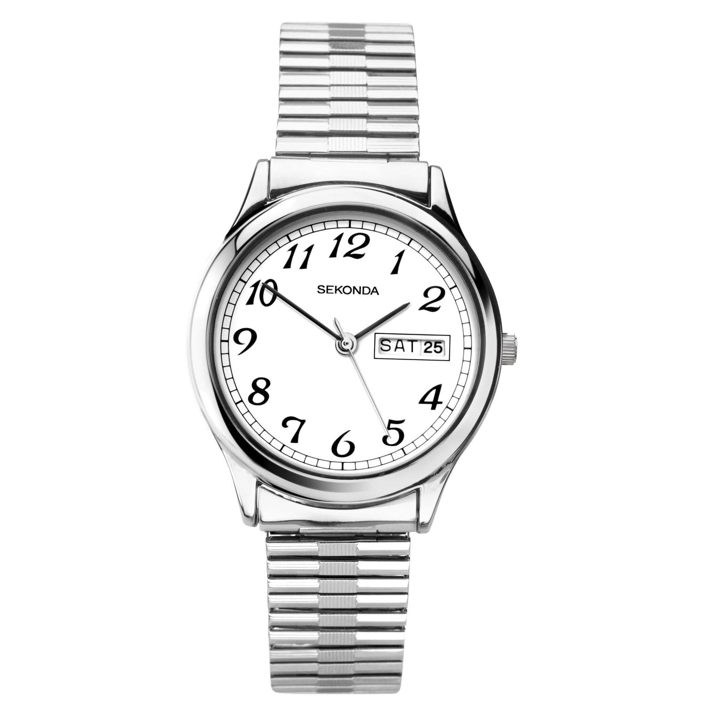 1693 Sekonda Watch Mens Silver Plated Expanding Bracelet Clear Dial Day And Date