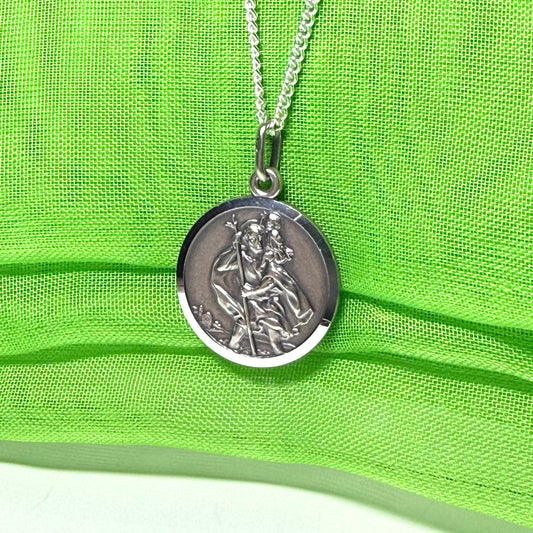 18 mm Sterling silver large round St. Christopher including chain