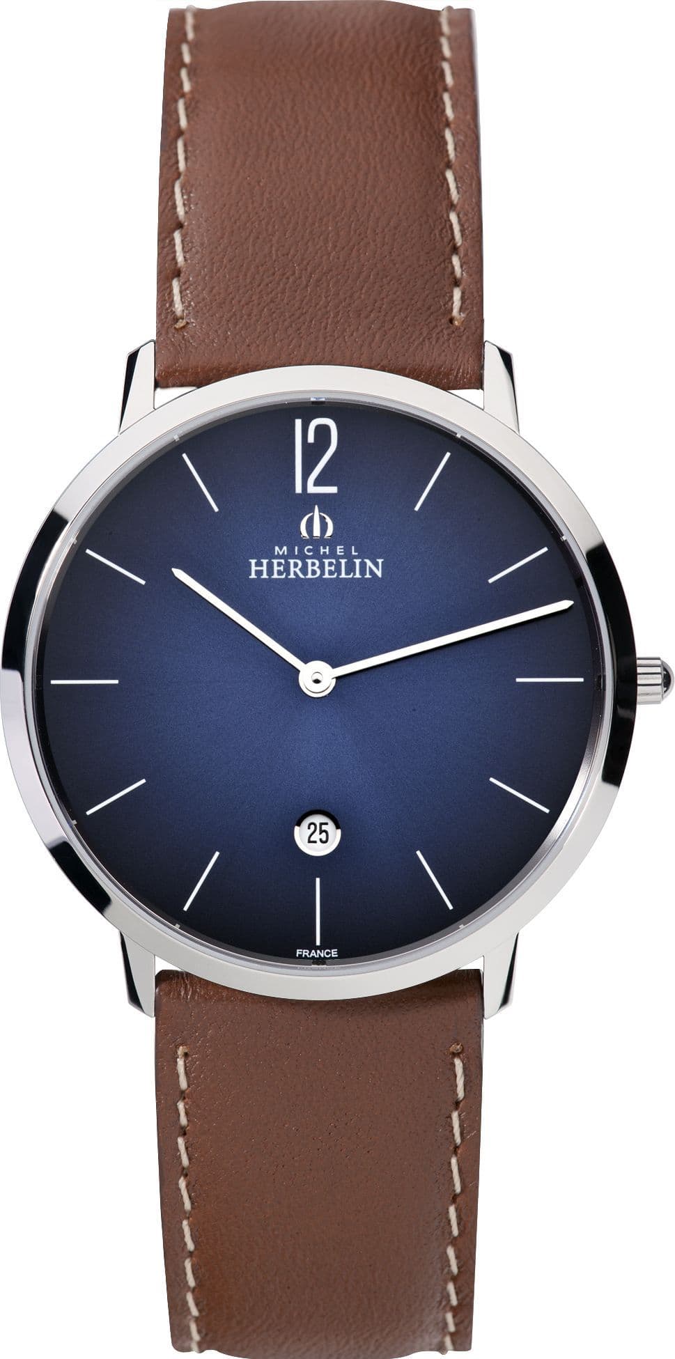 19515/15 Michel Herbelin Watch Blue Dial Mens Stainless Steel Round Brown Strap Clear Dial Date